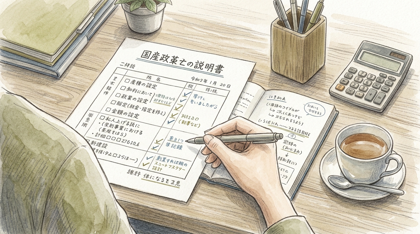 補助金の対象経費や書類を確認するひとり社長の作業風景。手元に焦点を当てた水彩と色鉛筆のハイブリッドイラスト