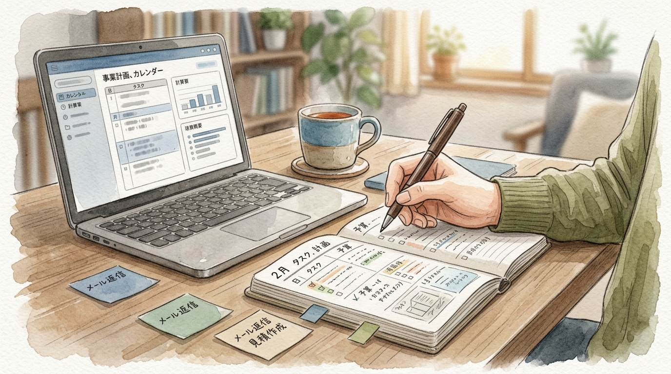 ノートとPCを使い、東京都の支援情報を実務で整理・確認しているデスク周りの風景