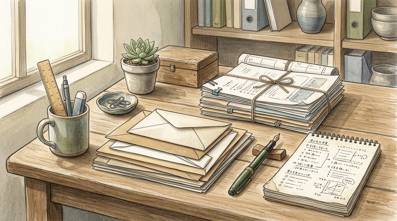 バーチャルオフィスの重要書類や郵便物を確認するデスクワークをイメージしたイラスト