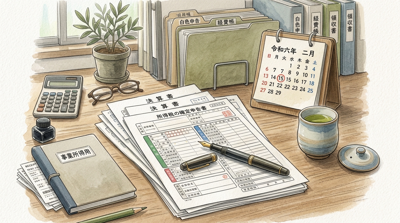 源泉所得税の書類整理とカレンダー確認を行う実務シーンを描いたイラスト