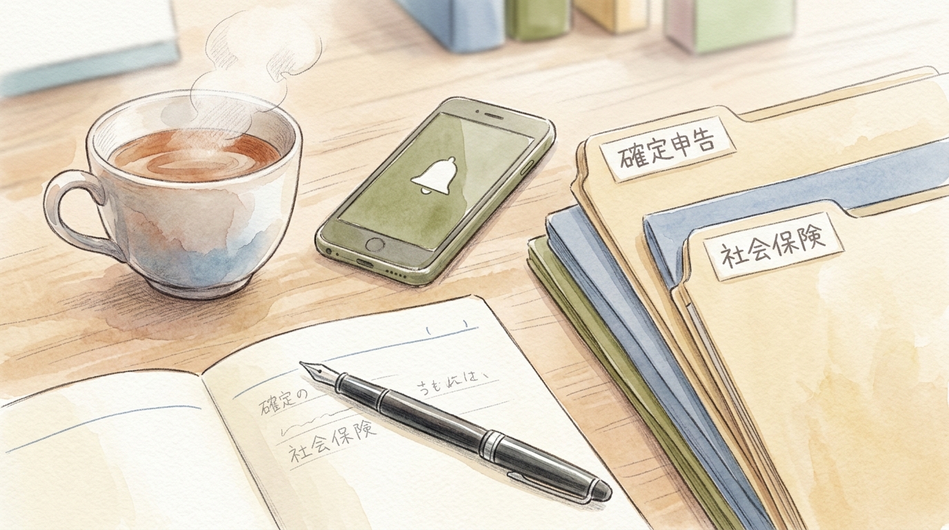 デスクの上で税務や社会保険の書類を整理するひとり社長の実務風景。水彩と色鉛筆のタッチで描かれた優しい雰囲気のイラスト。