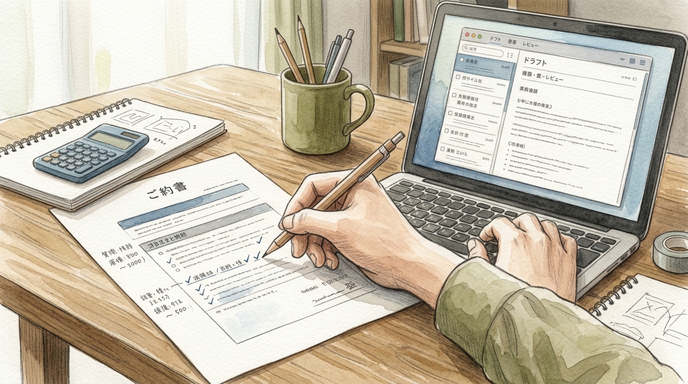 AIが生成した下書きを、実務に照らし合わせて丁寧に手作業でチェックする様子。水彩と色鉛筆によるあたたかみのあるイラスト。