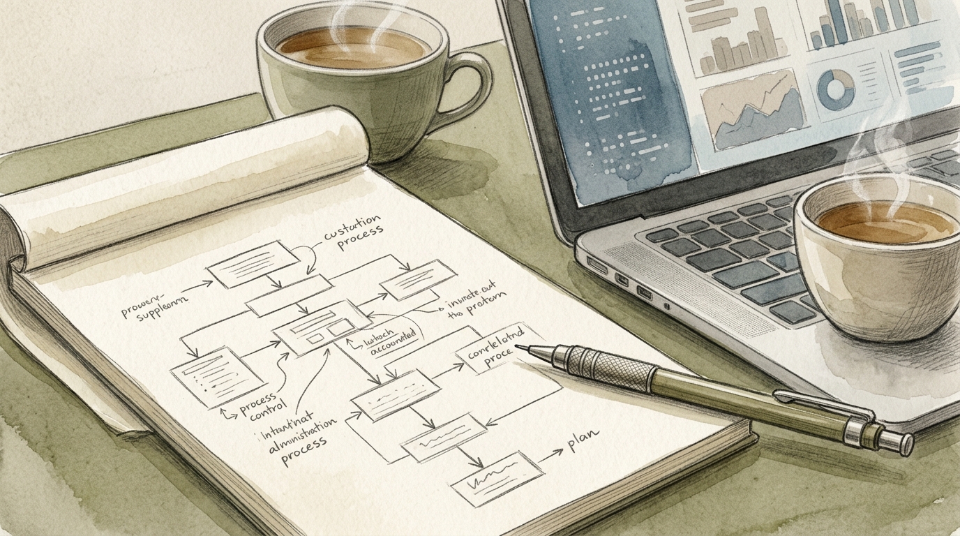 ノートPCと手書きの業務フロー図が置かれたデスク周りのイラスト。AI活用前の思考整理をイメージ。