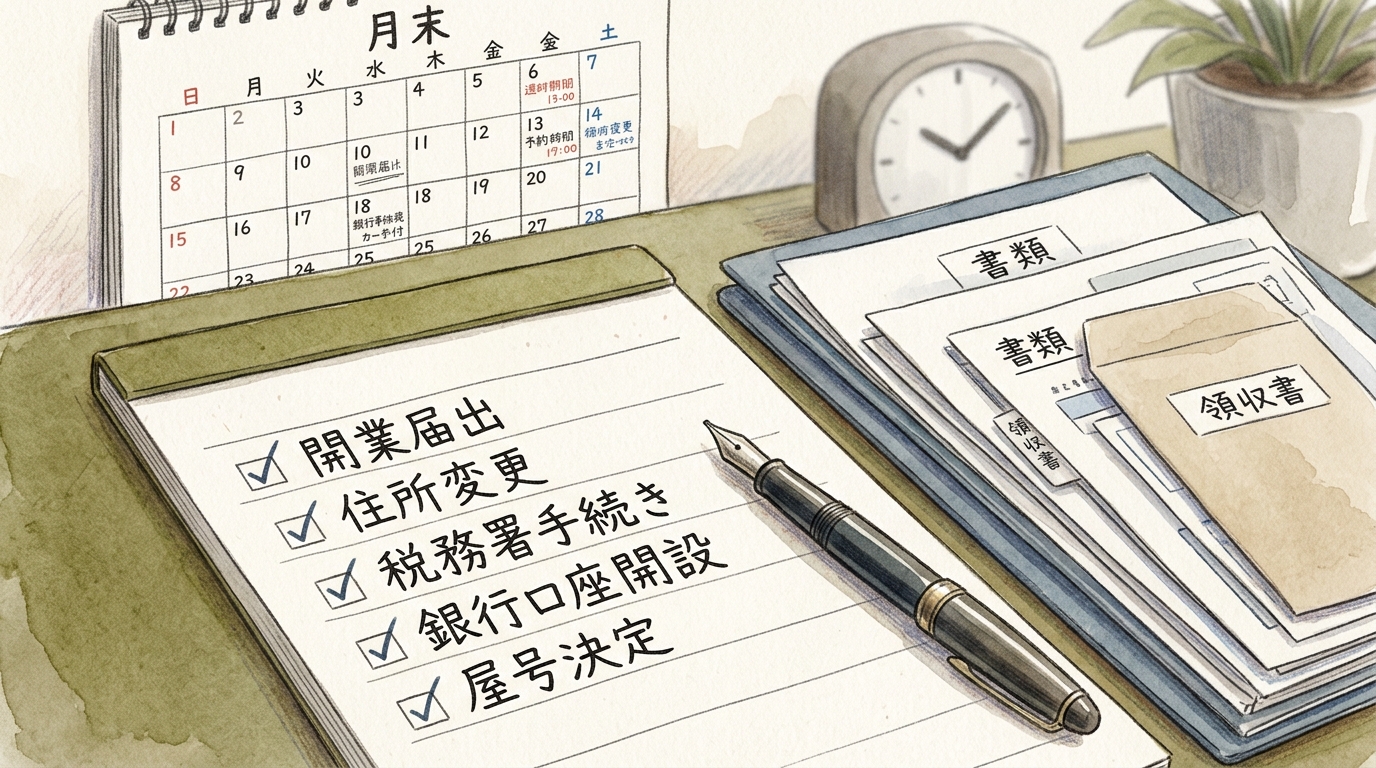 登記手続きのチェックリストと筆記用具が置かれたデスク周り。ひとり社長が実務を整理している様子を表現したイラスト。