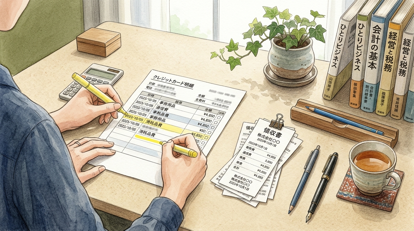 法人カードの利用明細と領収書を整理・照合している様子を描いた、実務的なデスク周りのイラスト。