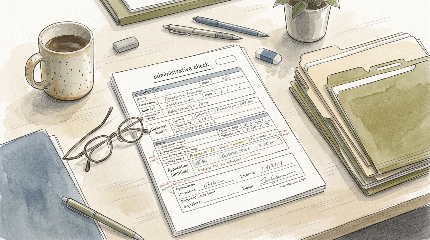 本店移転の実務作業中に書類を確認する様子を描いた水彩調のイラスト。