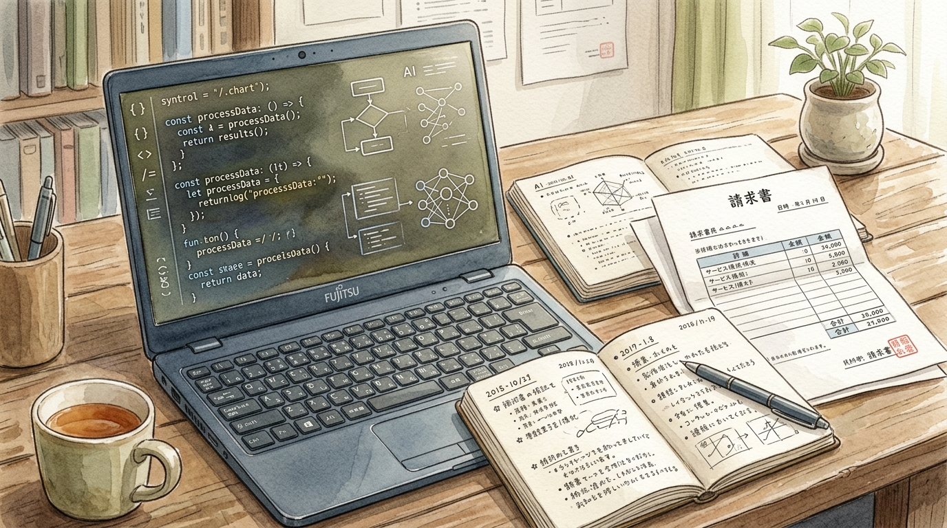 ローカルLLM導入検討中のデスク周り。書類やノートが整理された、個人事業主の実務的な風景を描いた水彩調イラスト。