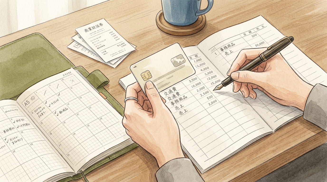 法人カードの利用明細と書類を確認するひとり社長の実務風景