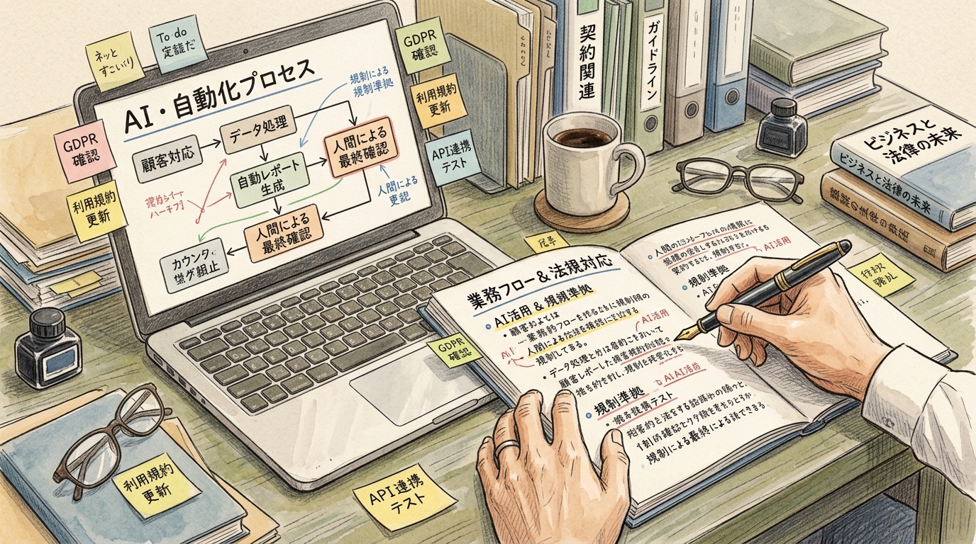 AIを用いた業務自動化の設計と法令確認を行うひとり社長の作業デスクの様子。
