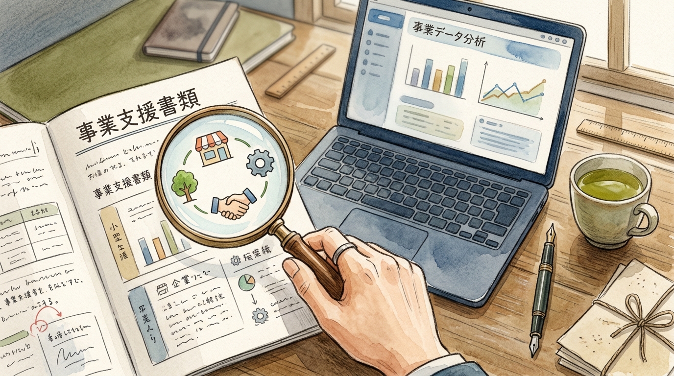 補助金・支援制度の情報を書類やPCで慎重に精査するデスクのイラスト